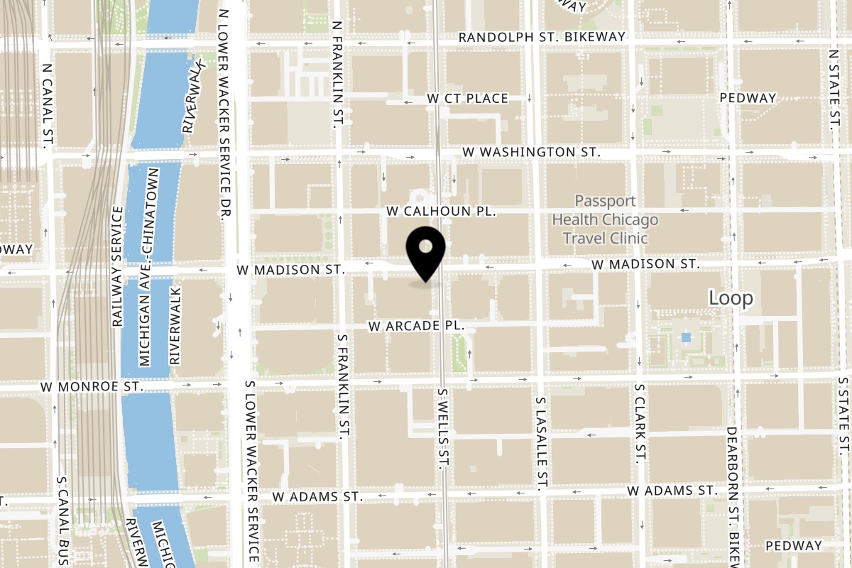 Map showing the location of Sila's Mediterranean Restaurant W Madison St on 201 W Madison St in Chicago